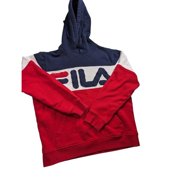 FILA Hoodie Women Medium Colorblock Pullover Red Blue Big Logo Sweatshirt Preppy - Picture 9 of 12